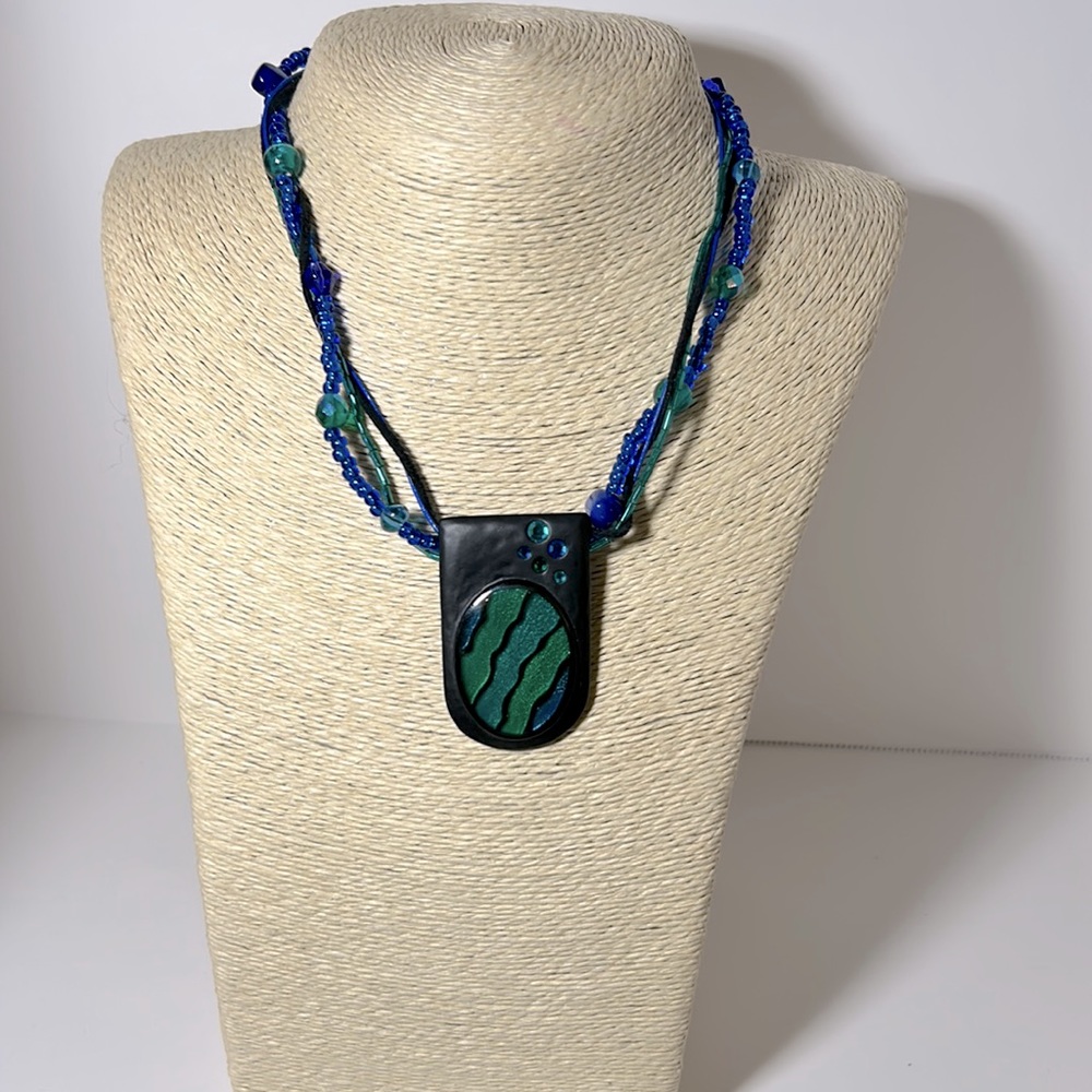 Chico’s necklace acrylic pendant beads multi strands green blue black boho chic